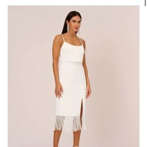 ADRIANNA BY ADRIANNA PAPELL- CREPE POPOVER MIDI DRESS WITH FRINGE TRIM IN IVORY